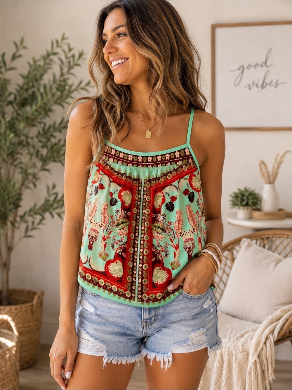 Boutique Boho Floral Cami Tank Top Mint Red Adjustable Straps XL NWOT